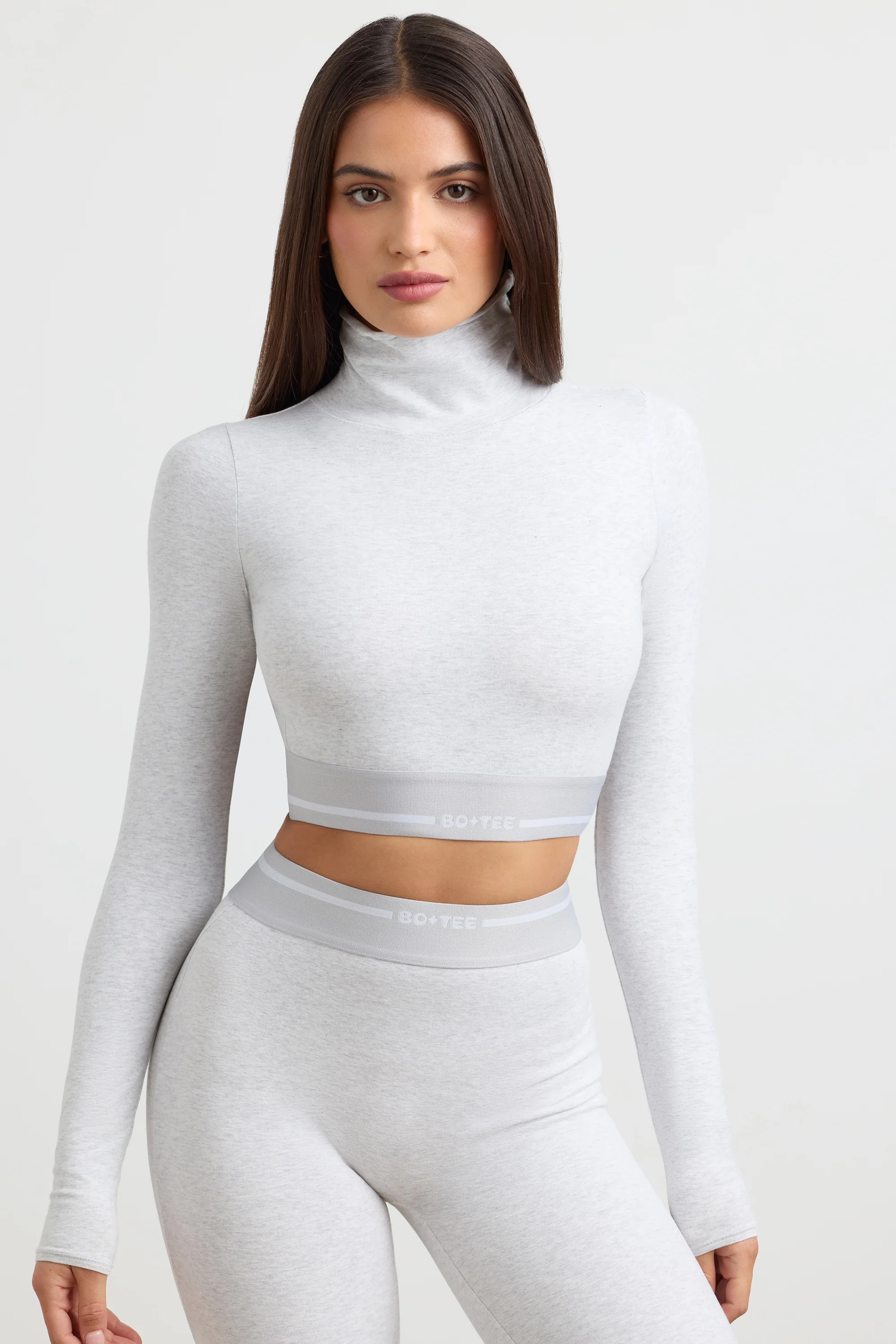 Turtleneck Backless Long-Sleeve Crop Top in Grey Marl | Oh Polly