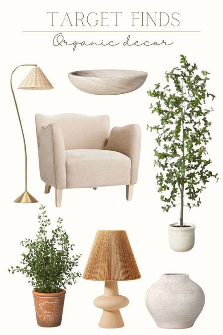 Target home finds!

Accent chair
Floor lamp
Table lamp
Faux tree 
Faux plant 
Marble vase 
