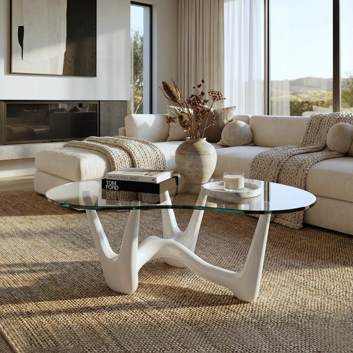 43" Abstract Triangle Glass Coffee Table with Sculptural White Base | Wayfair North America