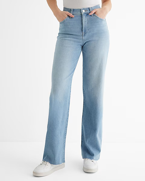 High Waisted Medium Wash Raw Hem Wide Leg Jeans | Express