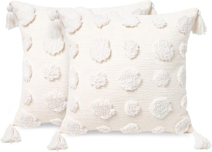 PLWORLD Set of 2 Boho White Square Throw Pillow Covers 18x18 Inch with Tassels, Pom Pom Tufted Cr... | Amazon (US)