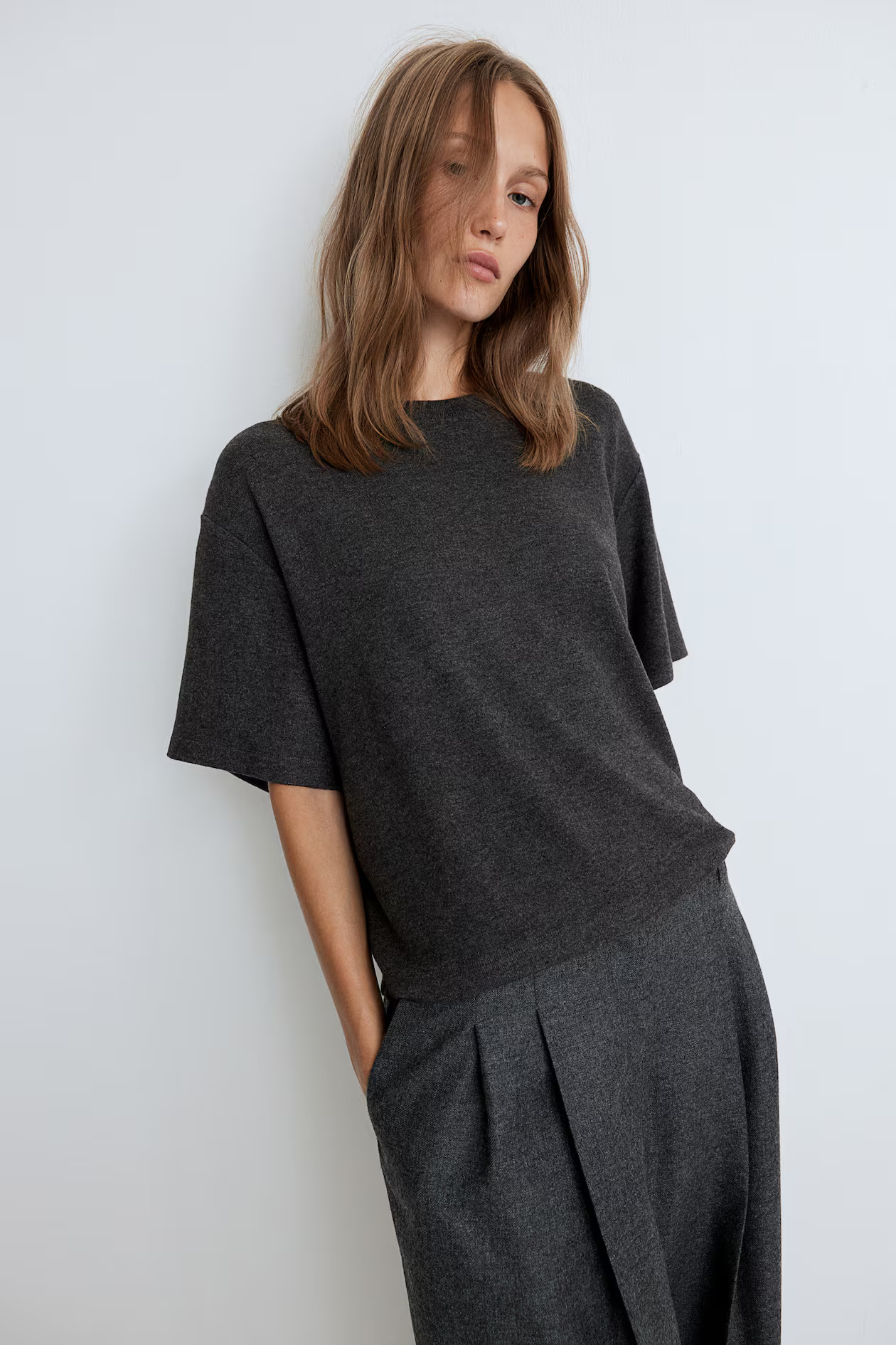 Fine-Knit T-Shirt - Dark gray melange - Ladies | H&M US | H&M (US + CA)