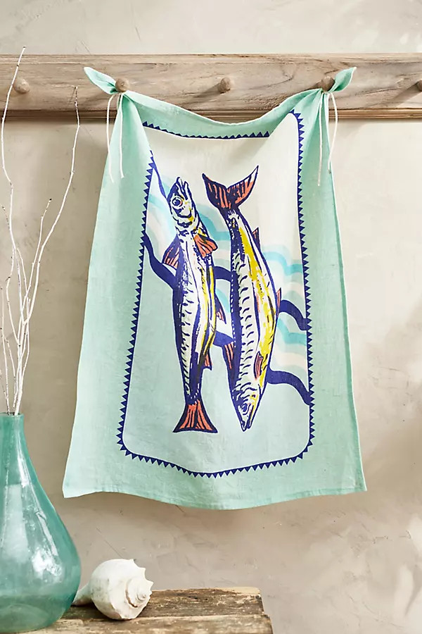 Sardines Linen Dish Towel, Blue | Anthropologie (US)