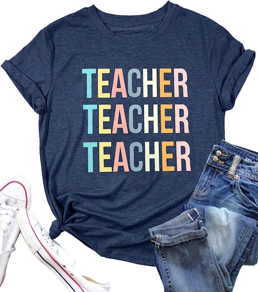 PECHAR Teacher Shirts Women Funny Teach Printed Graphic Tshirt Short Sleeve T-Shirt Blouse Teacher G | Amazon (US)