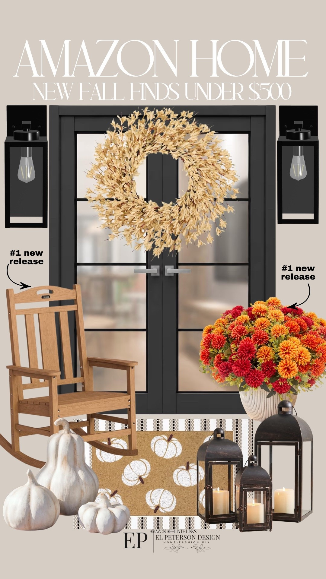 Amazon
Wreath
Set of 2 porch chairs
Outdoor potted plants
Doormat
Outdoor floor lantern
Pumkins

#LTKHome