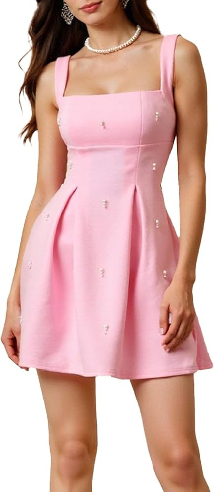 Women's Pearl Square Neck Mini Dress Sleeveless A Line Going Out Dresses | Amazon (US)