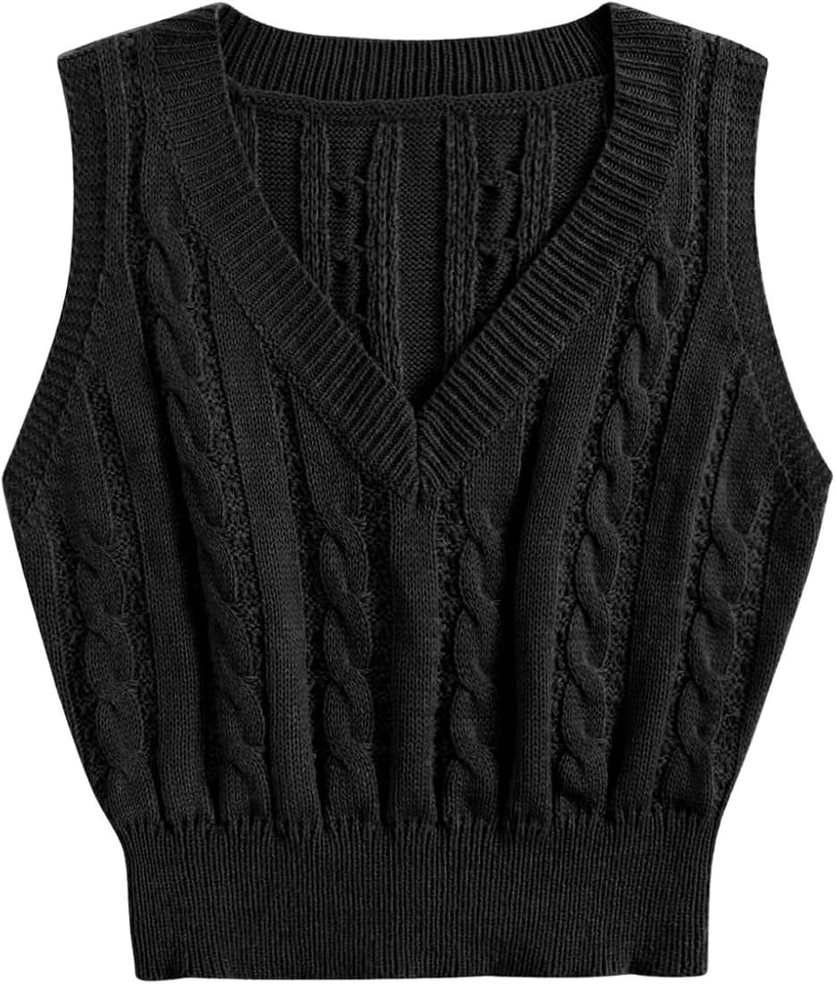 OYOANGLE Women's Cable Knit V Neck Sweater Vest Sleeveless Ribbed Crop Top | Amazon (US)