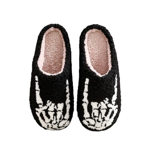 WIRETRAN Halloween Skeleton Finger Slippers Embroidered Printer Ghost Finger Slippers Plush Warm Memory Foam House Shoes White 37-38 | Amazon (US)