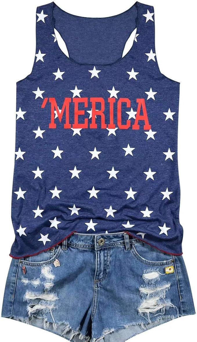 KIDDAD American Flag Tank Tops Women USA Stars Print Patriotic T Shirt Summer Loose Vest Tees | Amazon (US)