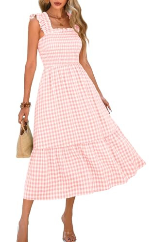 PRETTYGARDEN Womens Summer Dress Casual Square Neck Ruffle Strap Gingham Smocked Midi Flowy A Lin... | Amazon (US)