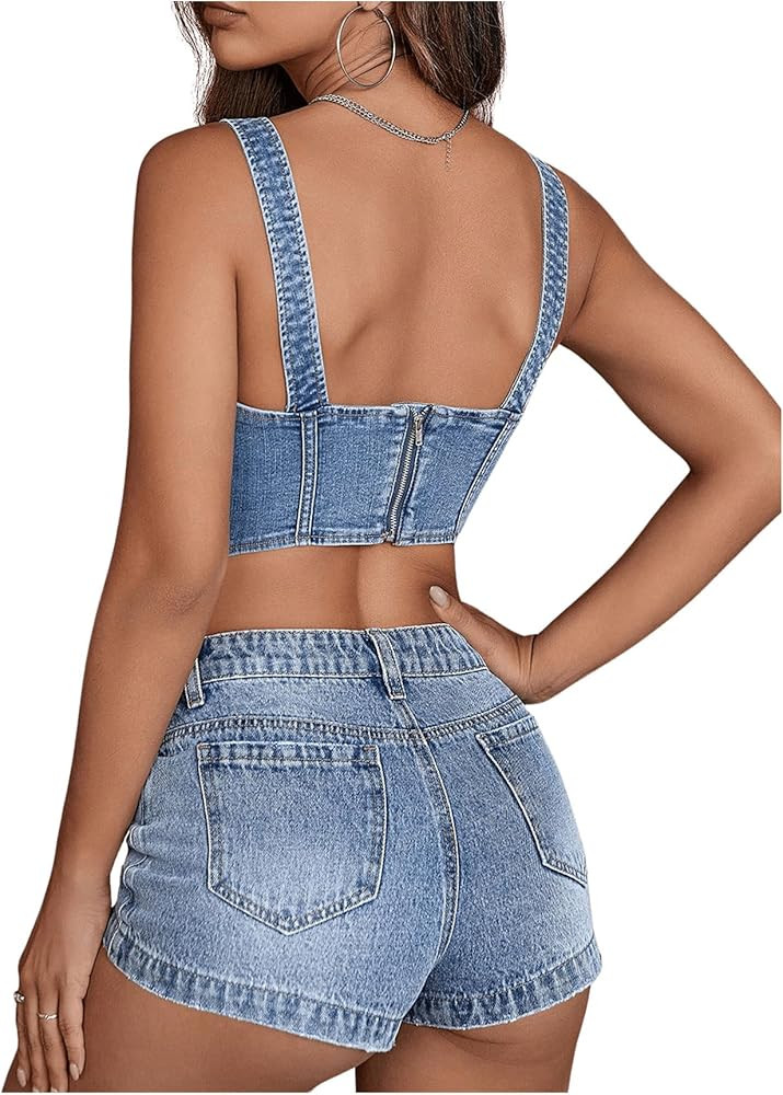Floerns Women's Square Neck Sleeveless Corset Denim Top Asymmetrical Hem Zip Up Back Crop Tank To... | Amazon (US)