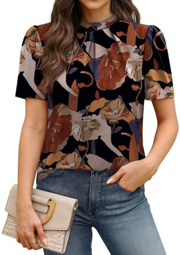 Womens Tops Short Puff Sleeve Shirts Mock Neck Pleated Spring Blouses Dressy Casual Business Casu... | Amazon (US)