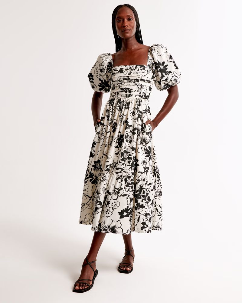 The A&F Emerson Poplin Puff Sleeve Midi Dress | White Dress With Sleeves | White Floral Dress | Abercrombie & Fitch (US)