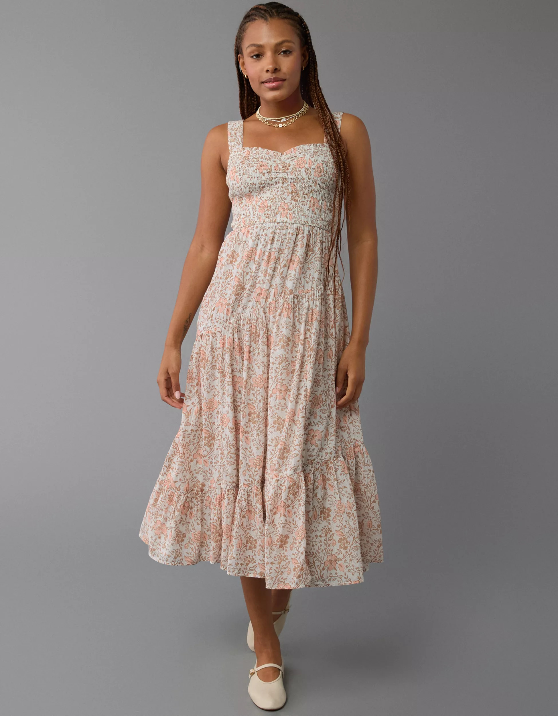 AE Asymmetrical Tiered Midi Dress | American Eagle Outfitters (US & CA)