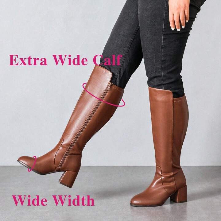 Women's Extra Wide Calf Knee High Boots True Wide Width Chunky Heeled Boot Comfortable Plus Size ... | SHEIN
