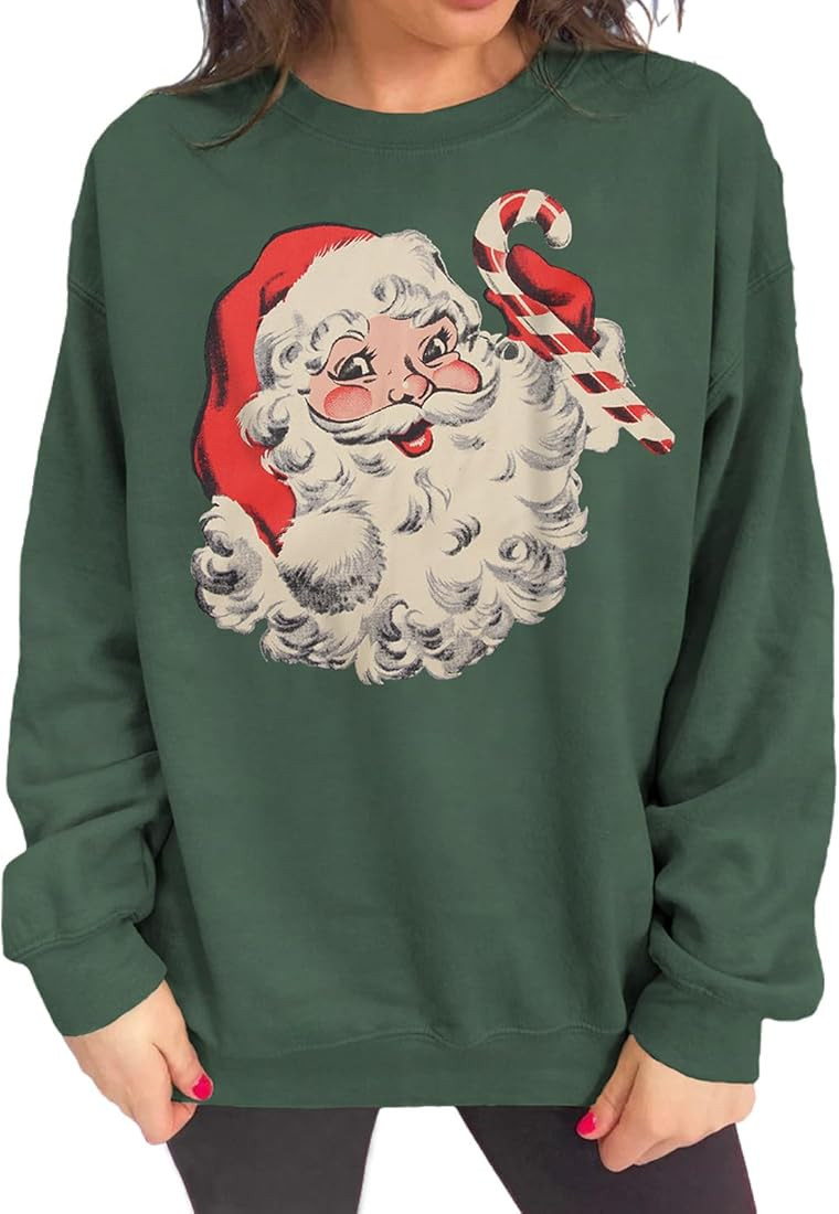Women Christmas Sweatshirt Retro Santa Claus Graphic Pullover Vintage Crewneck Long Sleeve Casual... | Amazon (US)