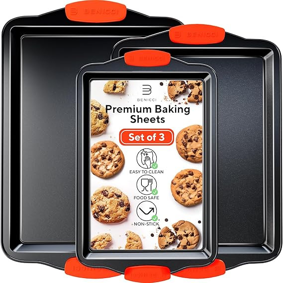 Premium Non-Stick Baking Sheets Set of 3 - Deluxe BPA Free, Easy to Clean Racks w/Silicone Handle... | Amazon (US)