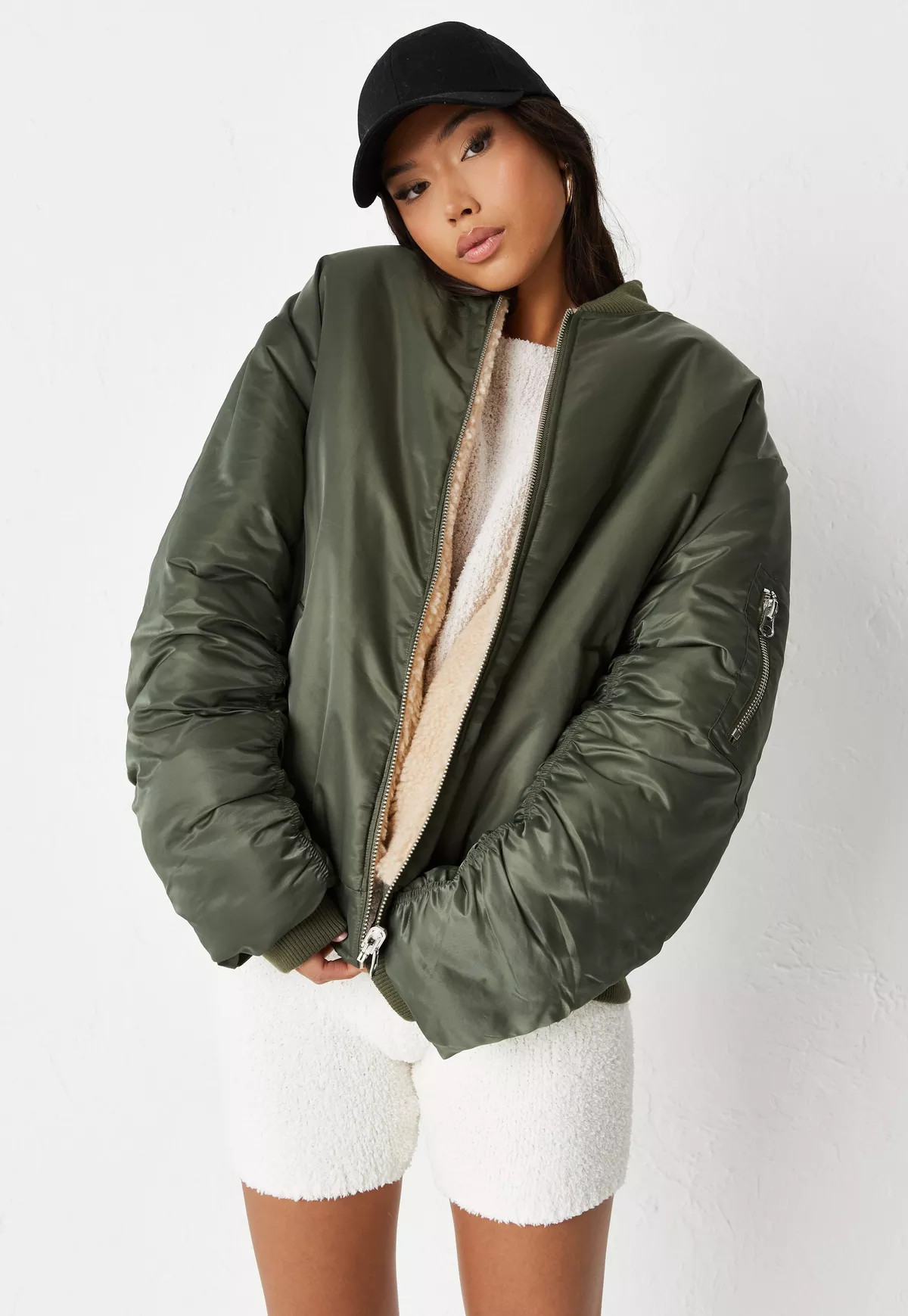 Khaki Borg Teddy Reversible Oversized Bomber Jacket | Missguided (US & CA)