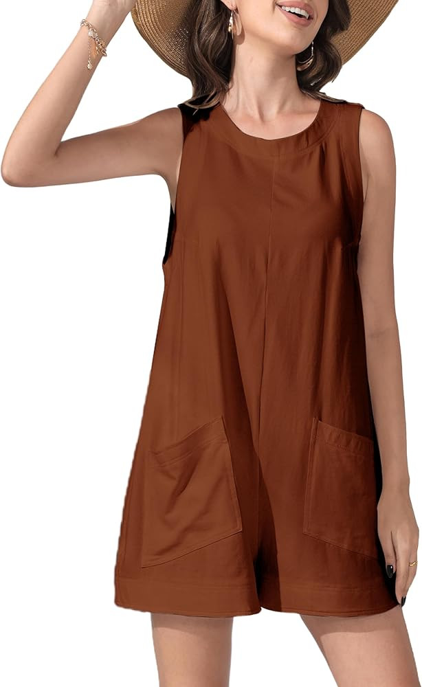 Women's Summer Casual Rompers Sleeveless Loose Stretchy Shorts Jumpsuits Overalls with Pockets | Amazon (US)