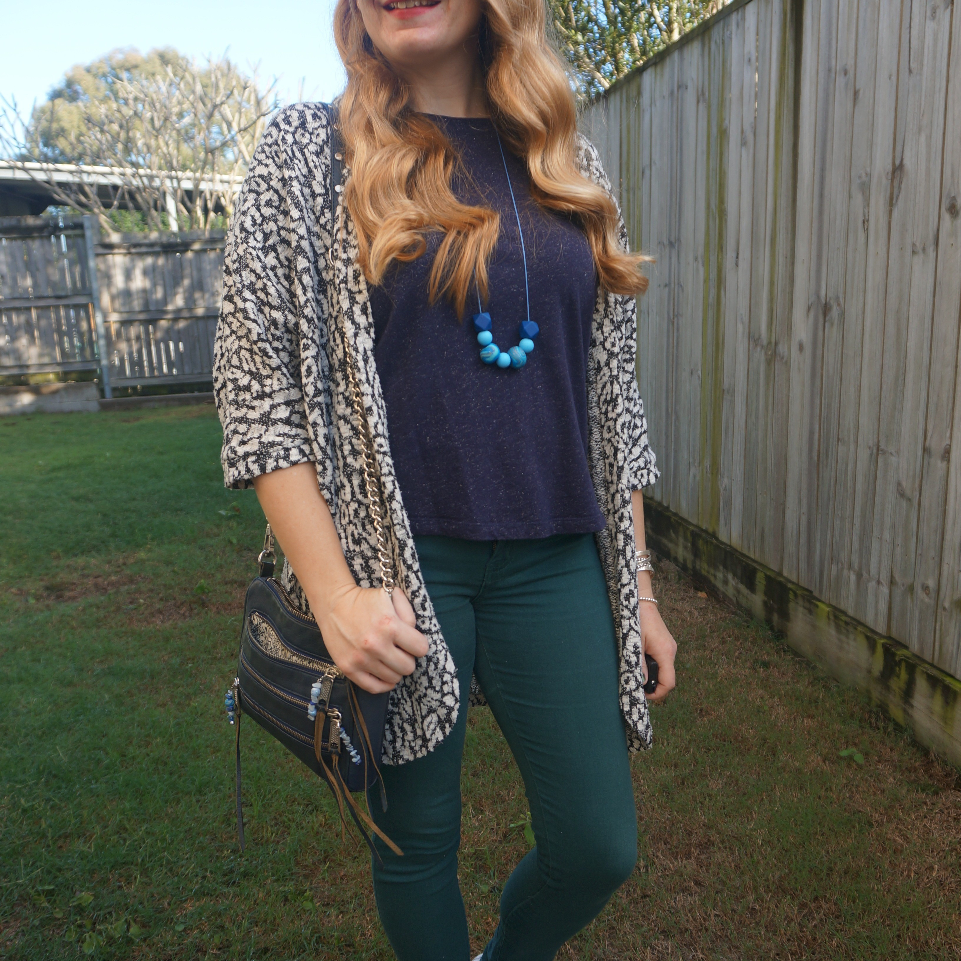 Preloved outfit with leopard print cocoon cardigan, metallic Marc's tee, teal skinny jeans and navy Rebecca Minkoff mini 5-zip bag 💙💚

#LTKaustralia #LTKwinter #LTKbag