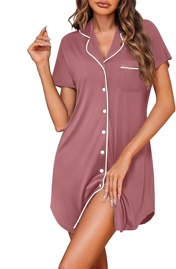 Ekouaer Womens Cotton Nightgowns Button Down Sleep Shirts Soft Night Shirts Night Dress | Amazon (US)