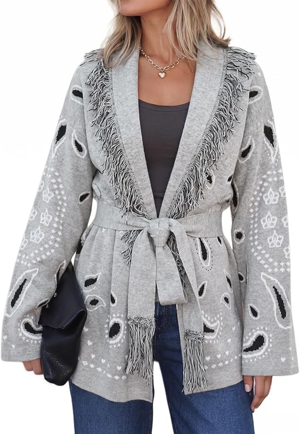 Cicy Bell Womens Fringe Cardigan Printed Long Sleeve V Neck Belt Sweaters | Amazon (US)