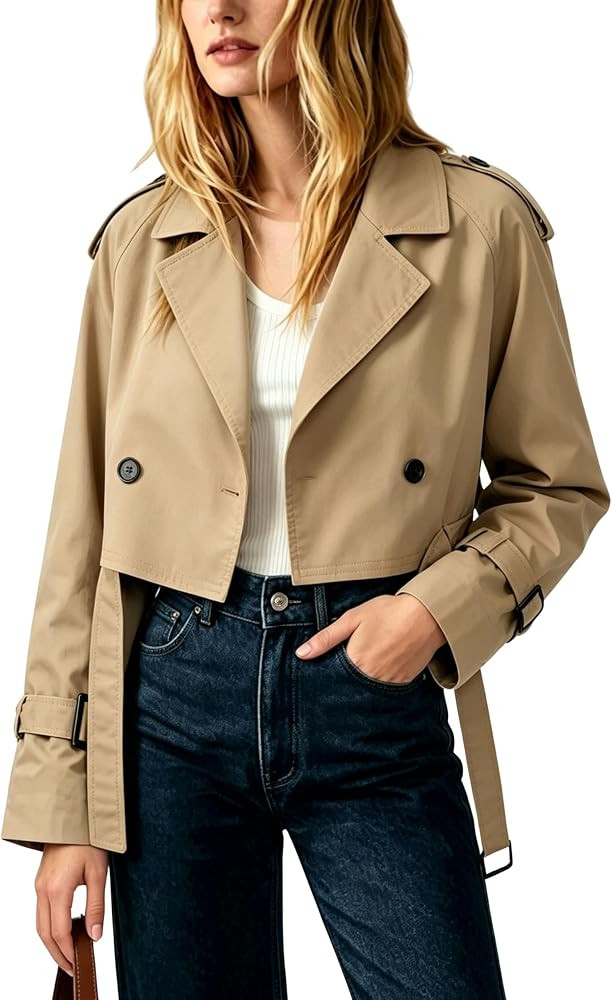 Women's Cropped Trench Coat Casual Double Breasted Short Jacket | Amazon (US)