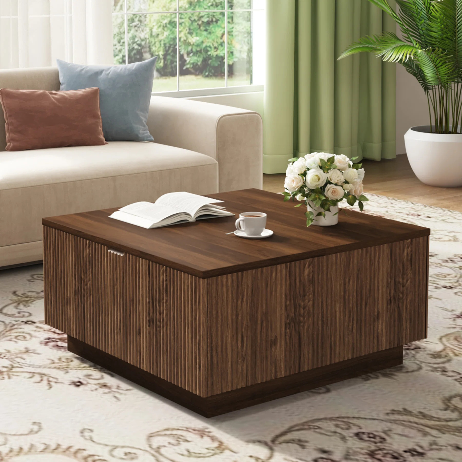 31-Inch Farmhouse Lift Top Square Coffee Center Table With Hidden Storage Compartment And Fluted ... | Wayfair North America