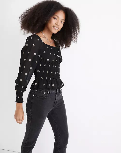 (Re)sourced Georgette Square-Neck Smock-Waist Top in Bloom Dot | Madewell