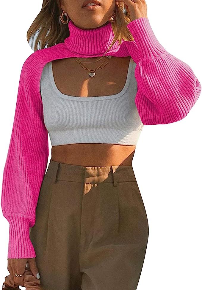 Women High Collar Sexy Turtleneck Long Puff Sleeve Crop Top Autumn Backless Knitwear Pullover New... | Amazon (US)