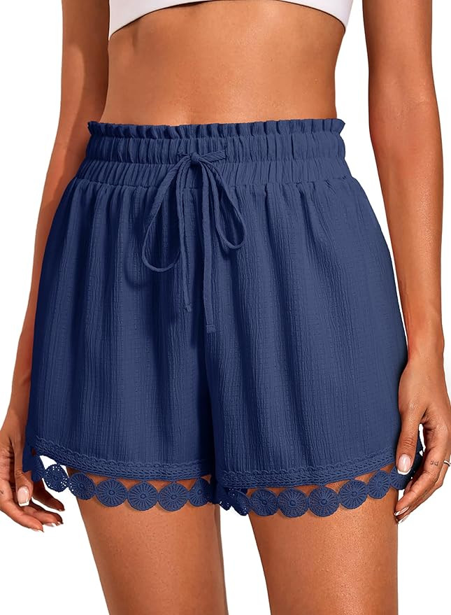 Dokotoo Womens Shorts Summer Casual Loose Elastic Waist Drawstring Lace Boho Beach Cover Up Short... | Amazon (US)