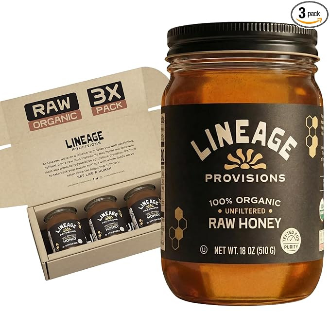 Lineage Provisions 100% Organic Raw Unfiltered Honey – 3-Pack (18 oz Glass Jars) – Undetectab... | Amazon (US)