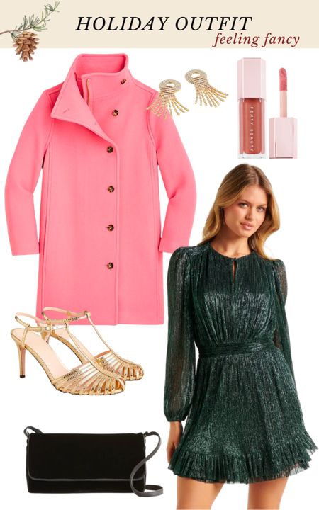A dressy outfit starts with a great party dress. Gold leather heels, crystal earrings, a velvet clutch, lip plumper, and statement coat complete this outfit. 

#LTKstyletip #LTKHoliday #LTKSeasonal