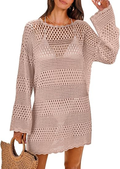 ANRABESS Women Swimsuit Crochet Swim Cover Up 2026 Summer Bathing Suit Swimwear Mesh Knit Beach D... | Amazon (US)