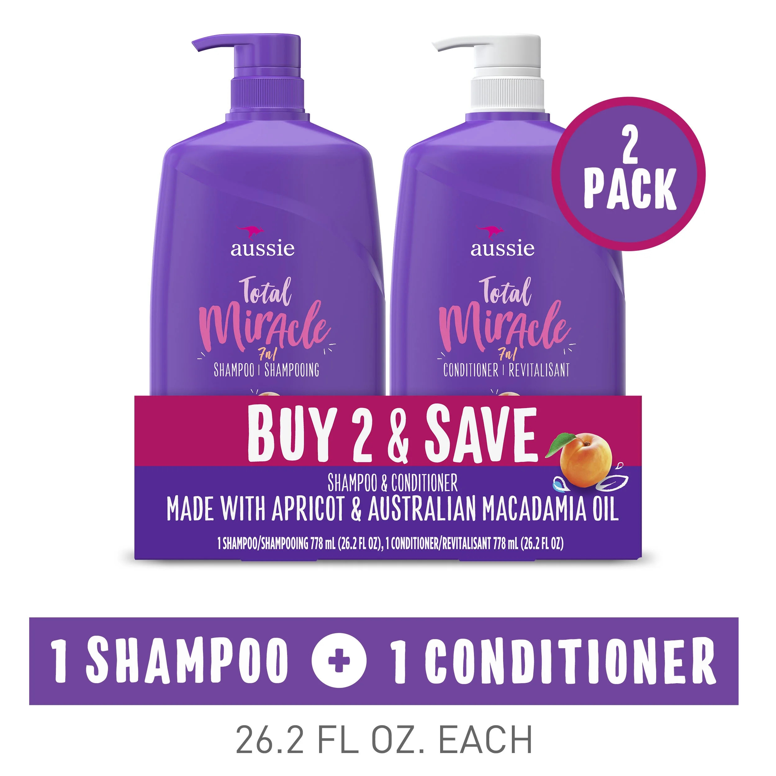 Aussie Total Miracle with Apricot & Macadamia Oil, Paraben Free Shampoo and Conditioner Twin Pack | Walmart (US)