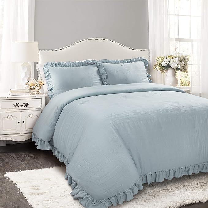 Lush Decor Reyna 3-Piece Ruffled Comforter Bedding Set with Pillow Shams, Full/Queen, Lake Blue | Amazon (US)