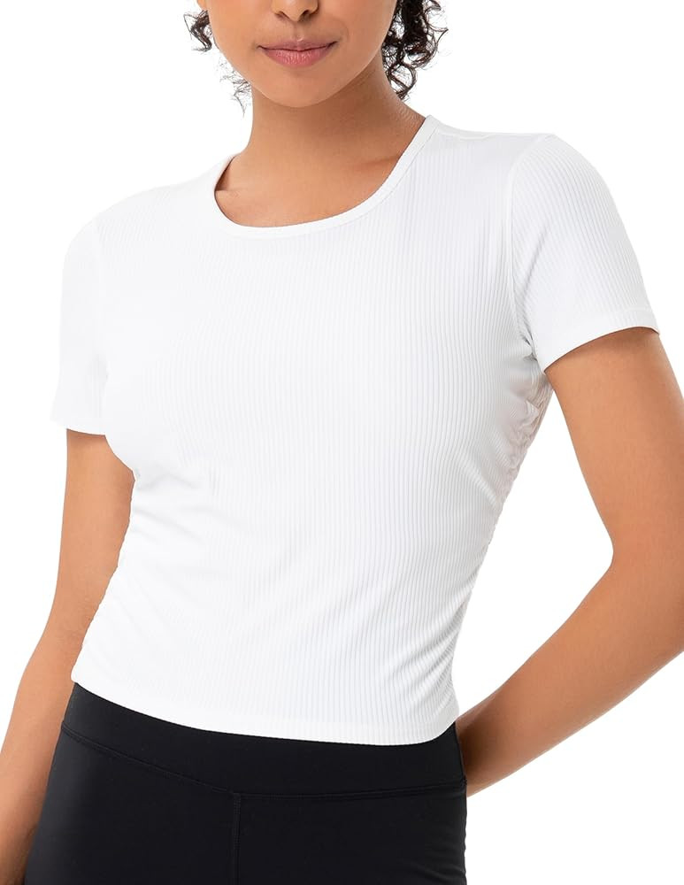 YUNOGA Womens Workout Top Short Sleeve Ribbed T-Shirt Compression Athletic Yoga Shirts | Amazon (US)