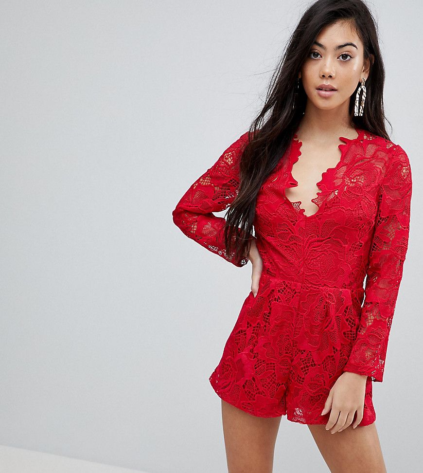 ASOS PETITE Premium Lace Romper - Red | ASOS US