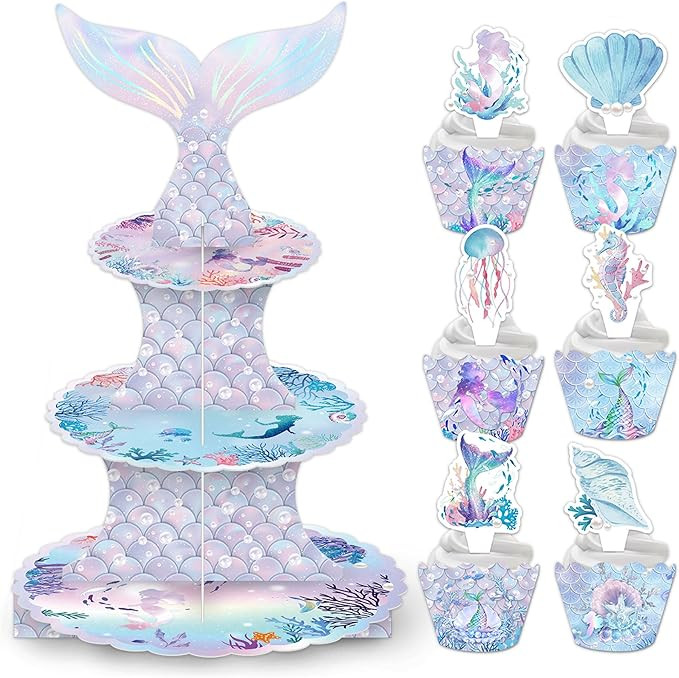 3 Tier Mermaid Cupcake Stand Cupcake Stand with 24 Cake Toppers and Wrappers, Cupcake Tower Cardb... | Amazon (US)