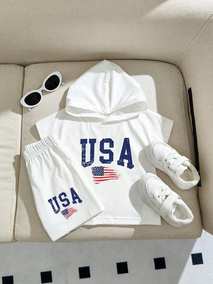 Baby Boy 2024 Independence Day Simple Print Casual Hooded Sportswear Set | SHEIN