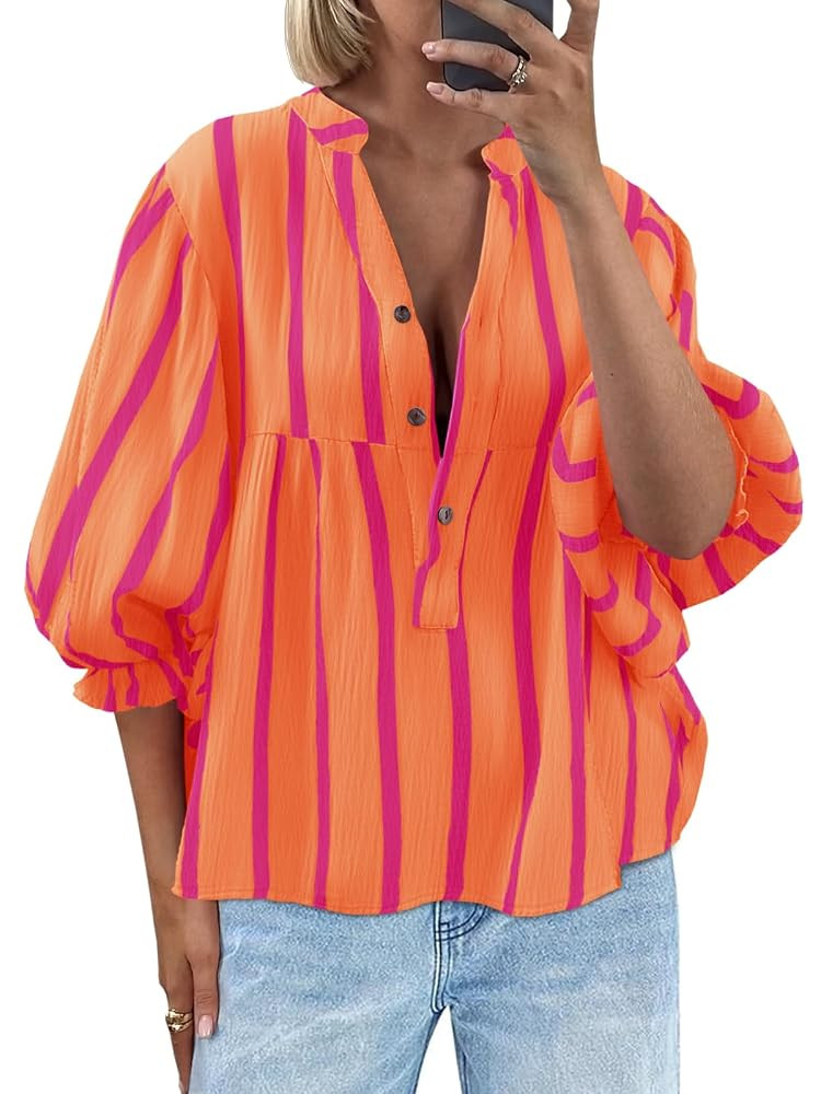 Tankaneo Womens Puff Sleeve Babydoll Tops Summer V Neck Striped Blouse Cute Casual Loose Fit Flow... | Amazon (US)
