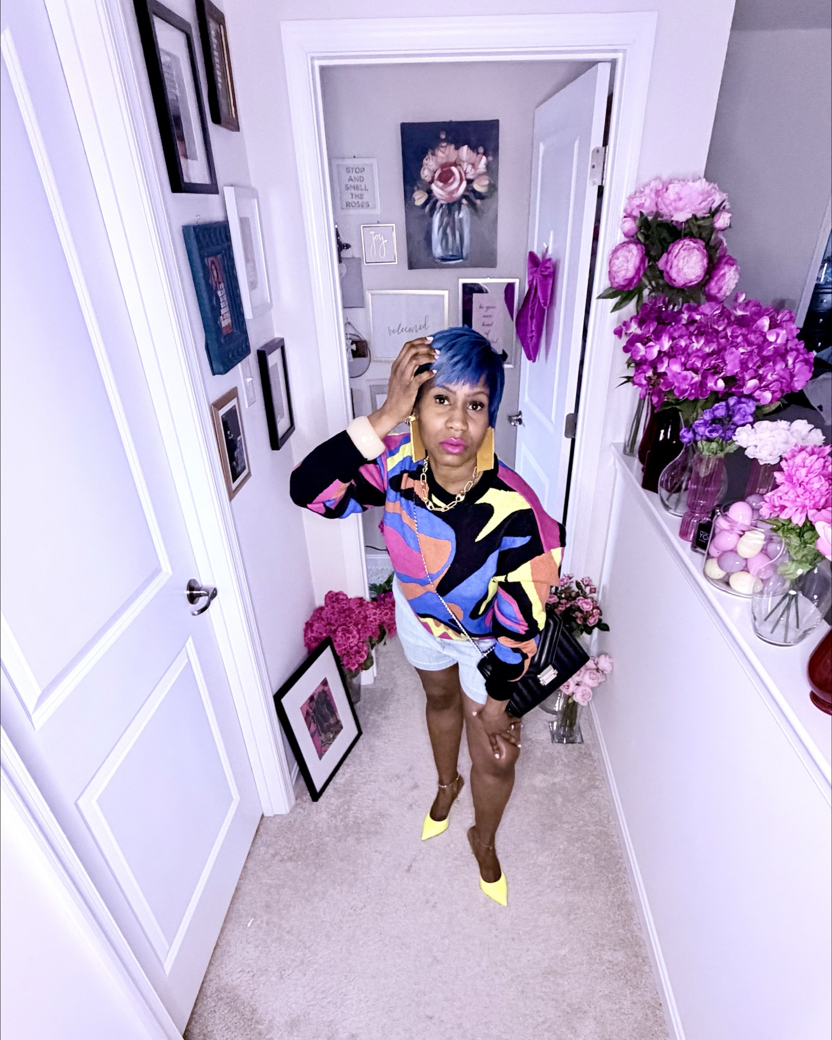 Why blend in when you were born to stand out? 🎨
✨ Serving major color today with this vibrant abstract knit sweater! I love mixing bold, unapologetic prints with classic light-wash denim cutoffs for the perfect transitional look. To take it up a notch, I added a pop of neon with these pointed-toe pumps and tied it all together with a classic black quilted crossbody and chunky gold jewelry.

This look is all about having fun with fashion and expressing your confidence! Shop my exact outfit and similar colorful pieces by following me on the LTK app. 💙💛💖

Shop this look and more of my bold style on the @shop.LTK app! Link in bio. 🛍️✨

	•	Top: Vibrant Abstract Print Sweater (Pink/Blue/Yellow/Black) @Target 
	•	Bottoms: Light Wash Denim Cutoff Shorts @levi 
	•	Shoes: Neon Yellow Pointed-Toe Pumps with Ankle Strap @Steve Madden US 
	•	Bag: Black Quilted Crossbody Bag with Chain Strap @Michael Kors US 
	•	Accessories: Chunky Gold Chain Necklace @andmadebyhand
	•	Accessories: Yellow Geometric Statement Earrings by @andmadebyhand 
	•	Accessories: Chunky Cream/White Bangle Bracelet
	•	Beauty: Bright Fuchsia/Pink Lipstick

#LTKstyletip #LTKshoecrush #LTKitbag #boldstyle #colorblock #neonheels #abstractsweater #springfashion #transitionalstyle #statementjewelry #dopaminedressing #colorfuloutfit #blackgirlmagic #styleinspo

#LTKPetite #LTKootd #LTKvlog