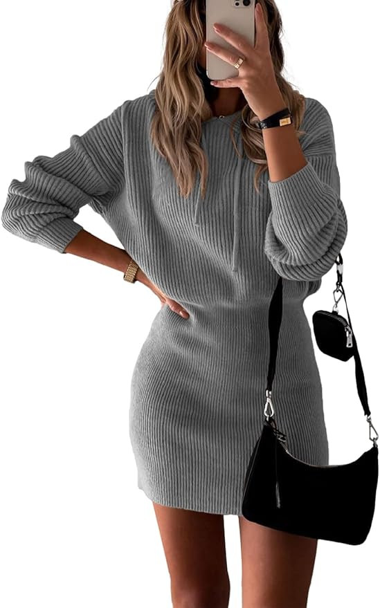 PRETTYGARDEN Women's Rib Knit Pullover Sweater Casual Long Sleeve Hooded Mini Bodycon Dress with ... | Amazon (US)