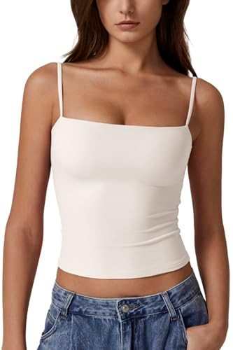 QINSEN Basic Cami Tank Top for Women Spaghetti Straps Sleeveless Double Lined Fashion T Shirt Tops Beige L | Amazon (US)