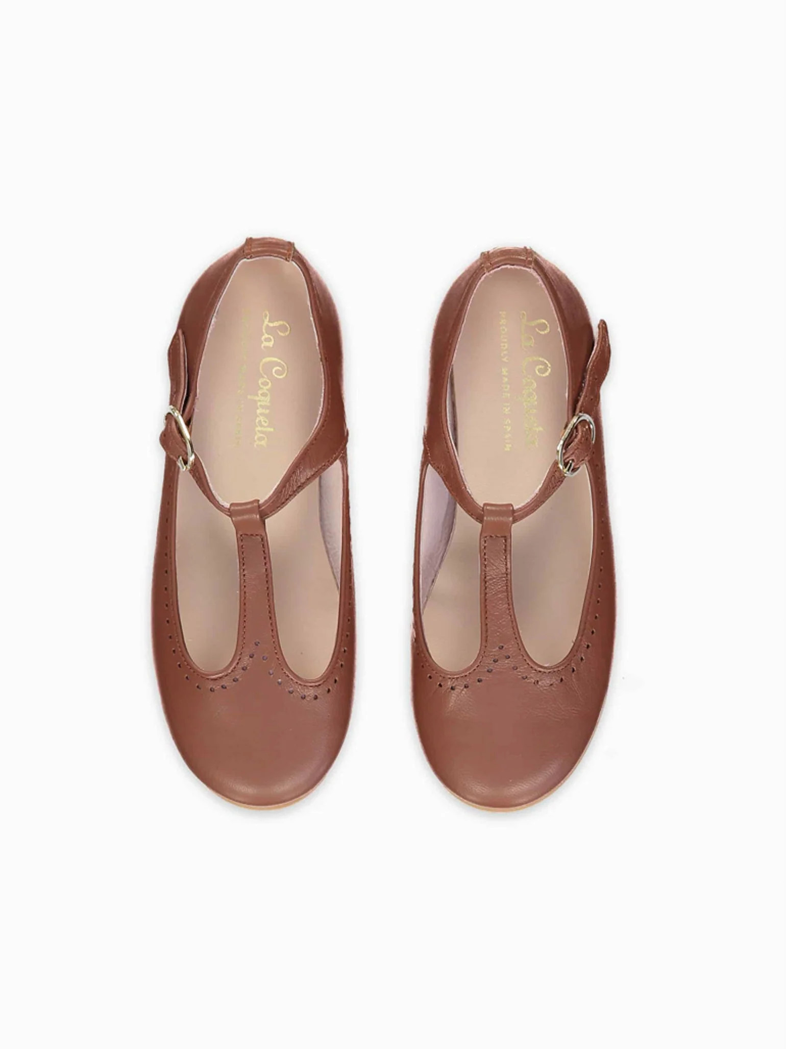 Dark Tan Leather Girl T-Bar Shoes | La Coqueta (US)