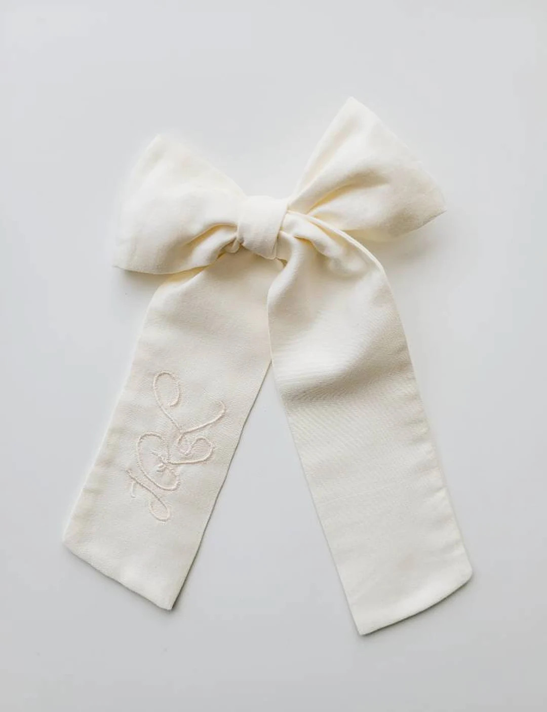 Ivory Cotton Monogramed Embroidered With Initials Long Bow for Girls - Etsy | Etsy (US)