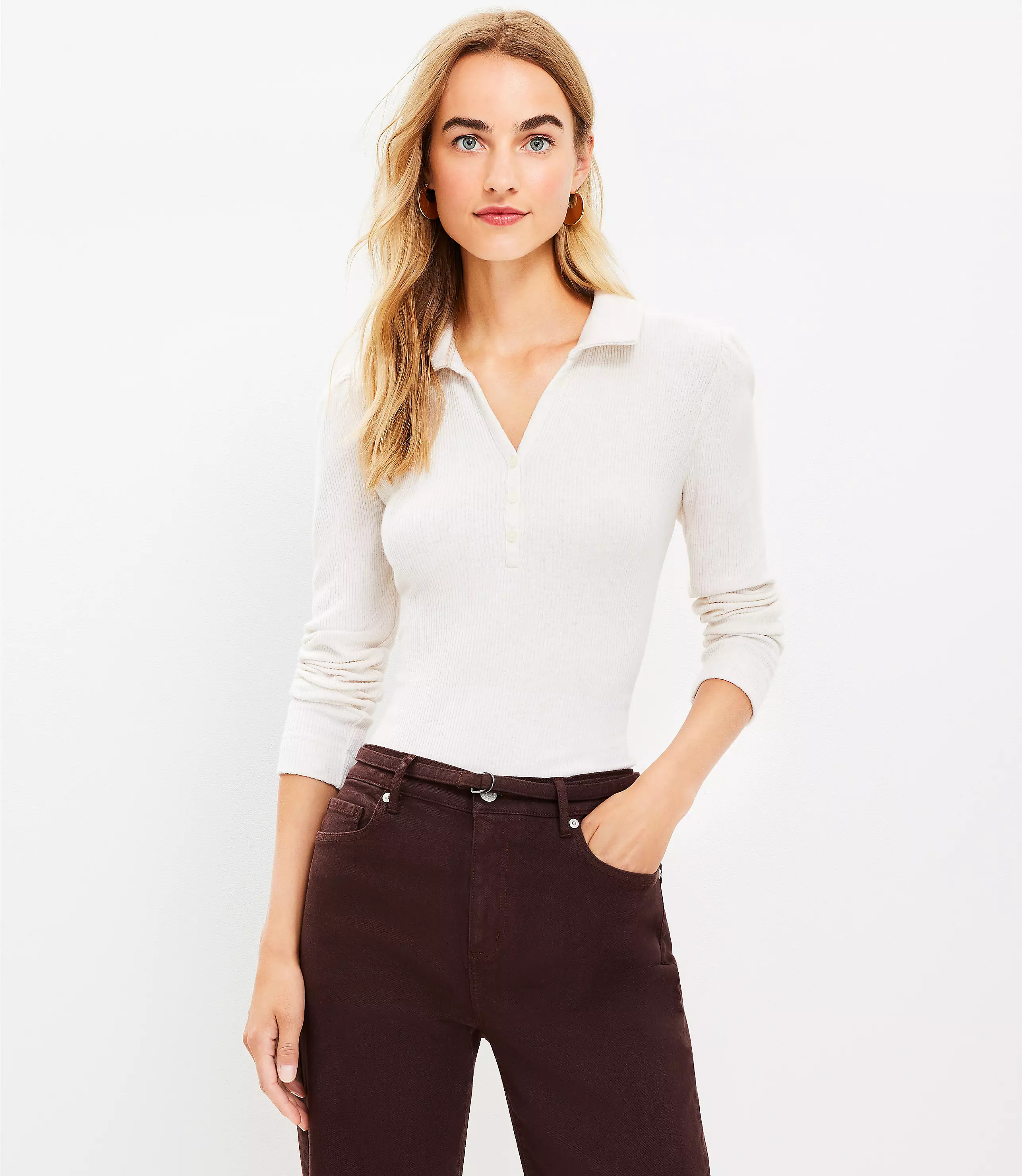 Petite Ribbed Puff Sleeve Polo Top | LOFT