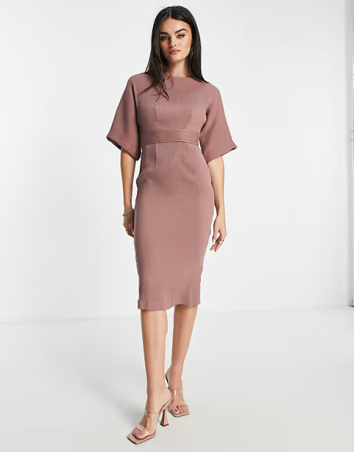 Closet London ribbed pencil midi dress in mink | ASOS (Global)