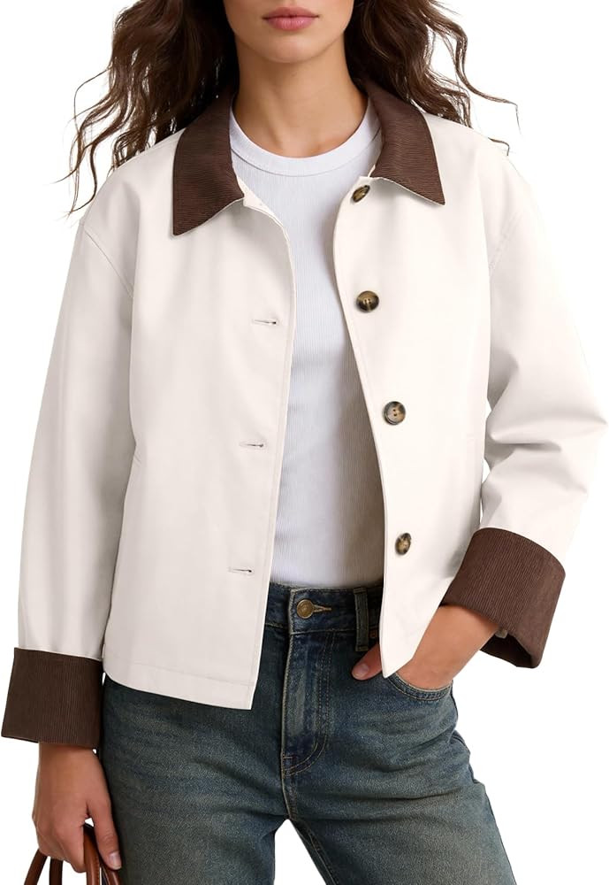 PEHMEA Women's Casual Cropped Jacket Trench Coat Contrast Collar Loose Lightweight Barn Jacket 20... | Amazon (US)