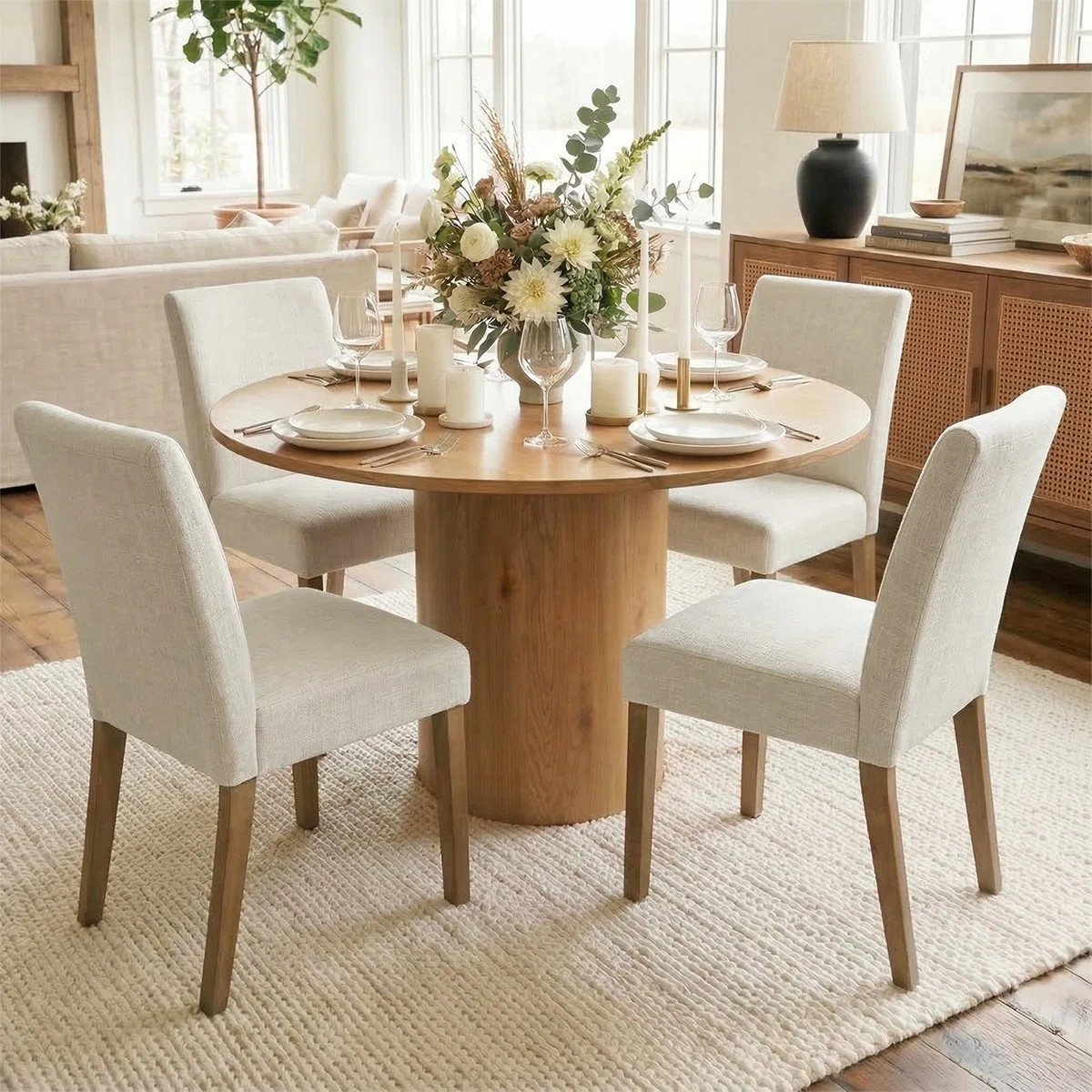 Danayla 4 - Person Dining Table Sets With 41.5'' Round Table & 4 Upholstered Linen Chairs | Wayfair North America